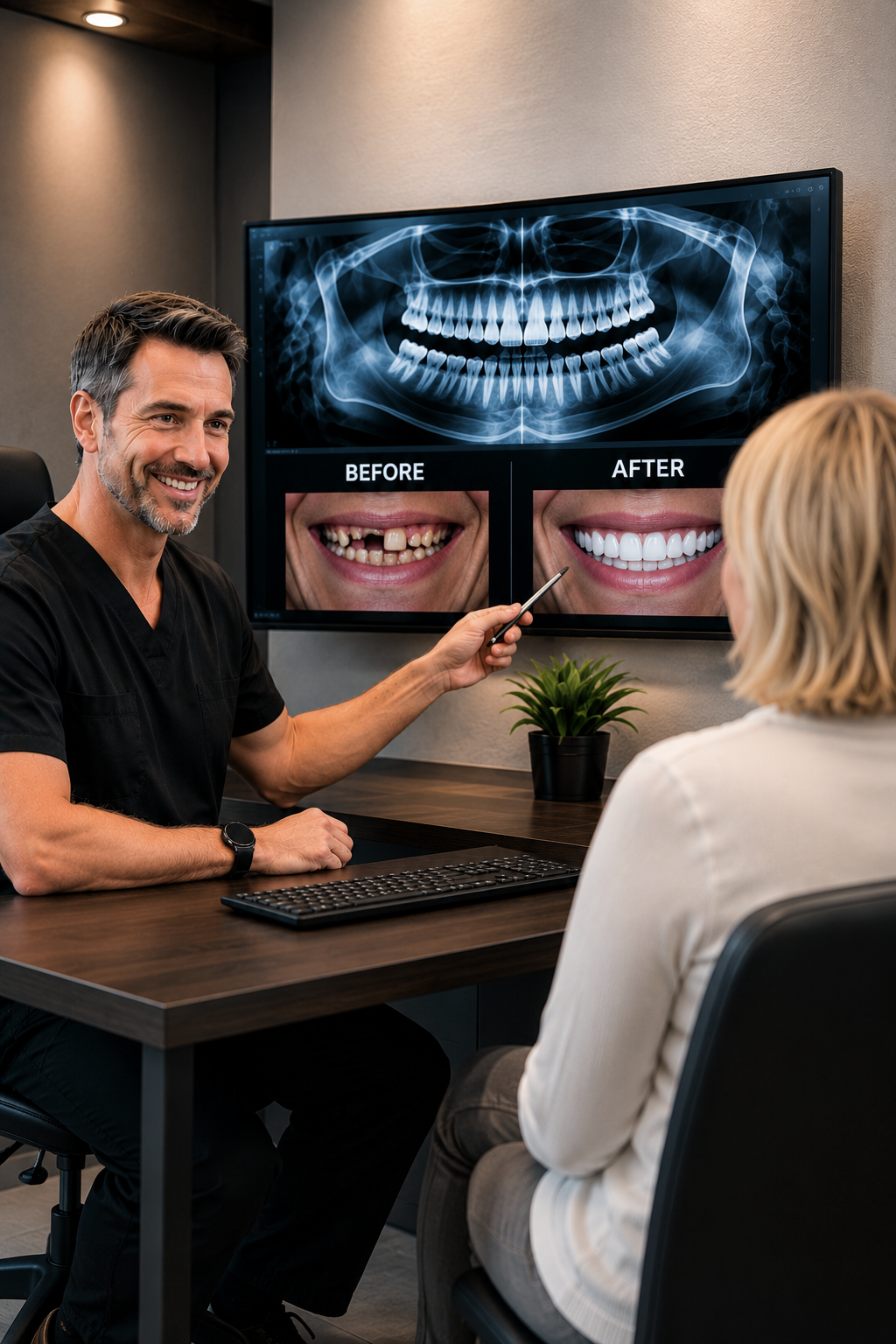 Dentist reviewing full-arch treatment with patient