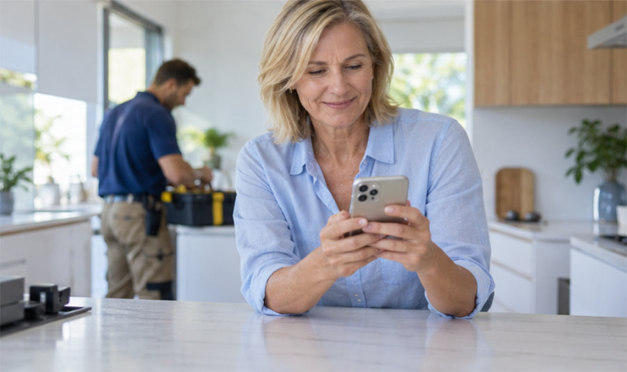 Happy customer leaving a Google review after a kitchen renovation