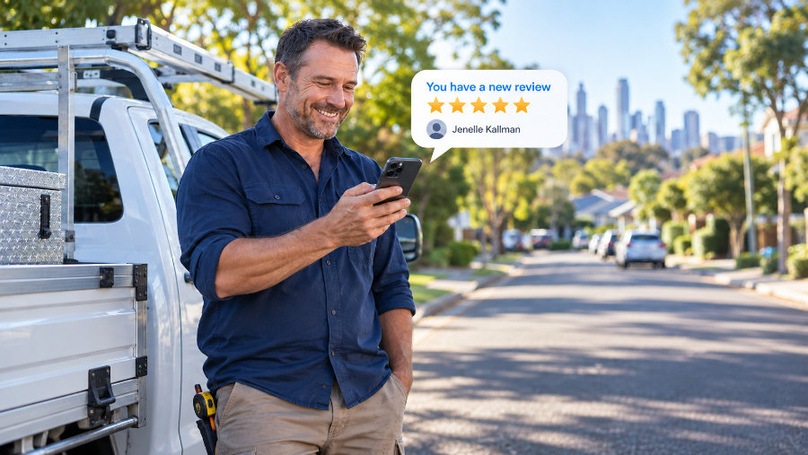 Local tradie smiling at new five-star Google reviews on his phone