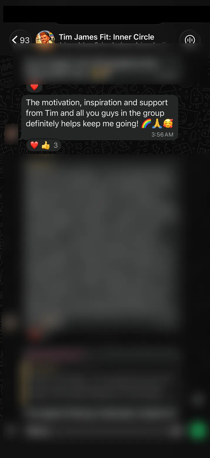 Screenshot of a client crediting Tim and the rest of the group for keeping him going.