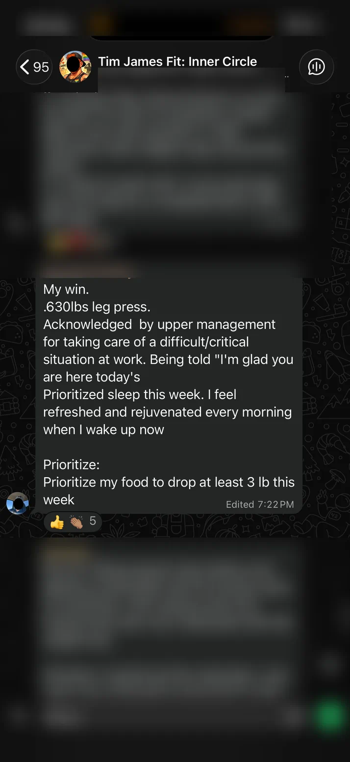 Screenshot of a client posting a 630lb leg press, recognition at work and a week of prioritising sleep.