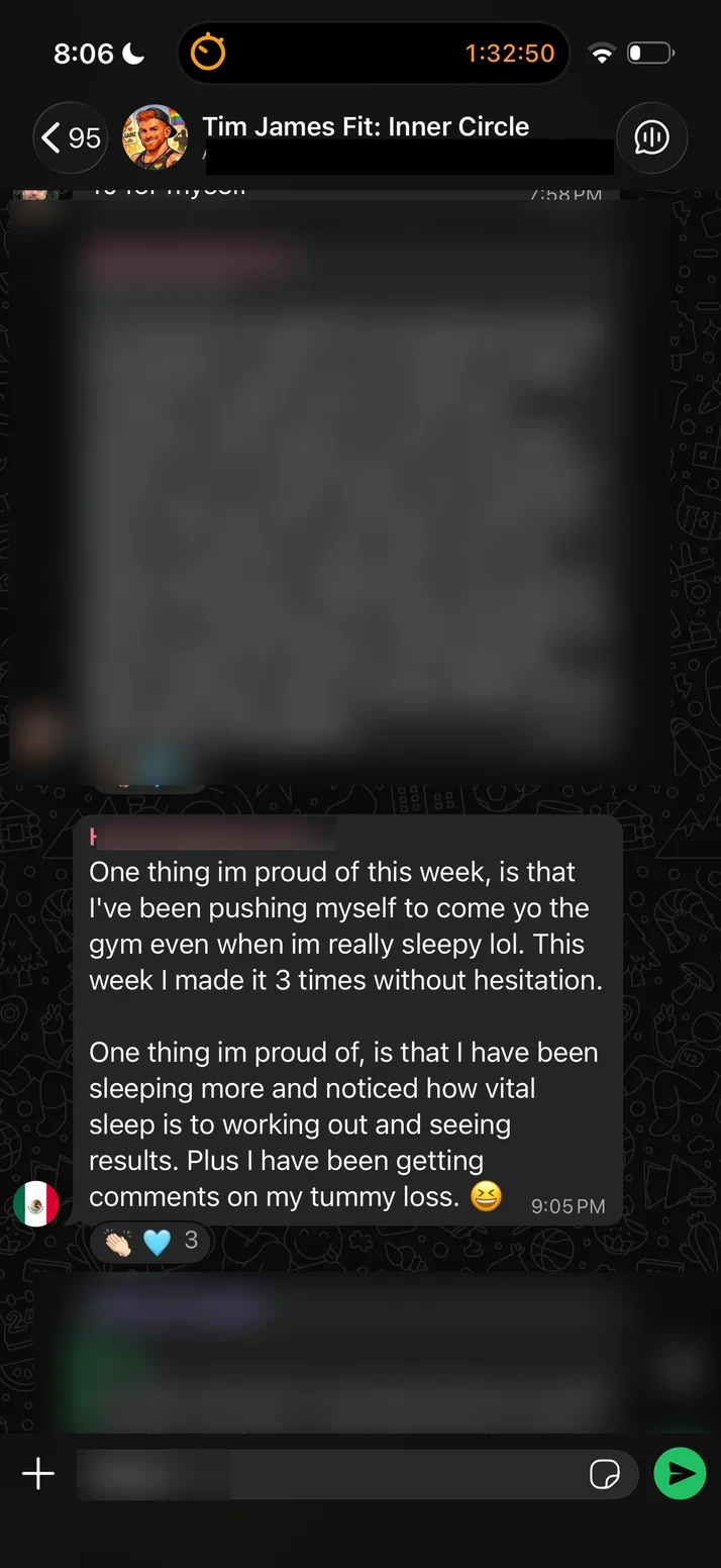 Screenshot of a client who got to the gym three times in a week and is hearing comments on his stomach.