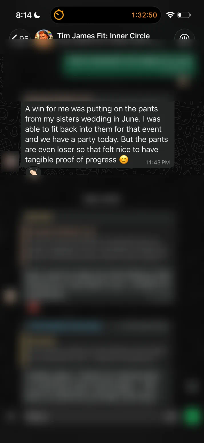 Screenshot of a client whose wedding trousers are looser again.
