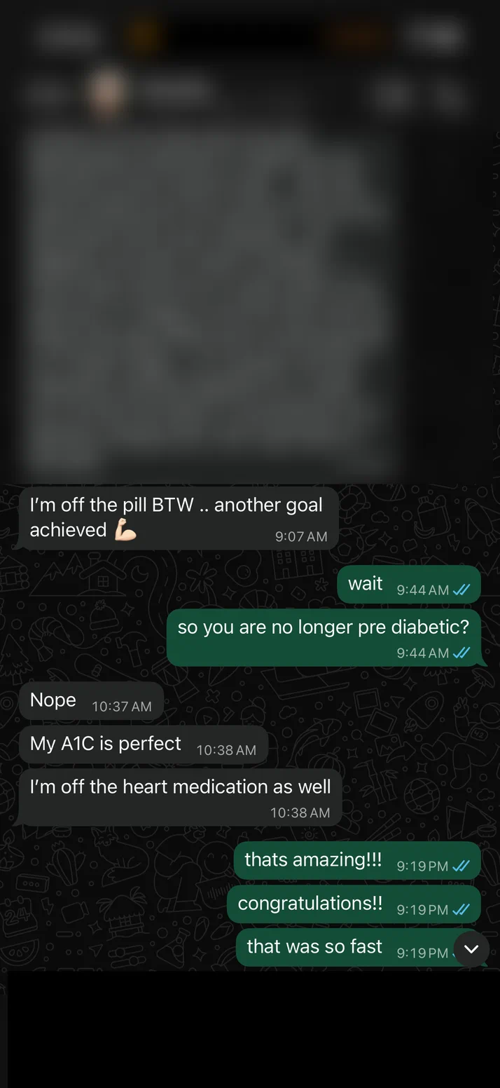 Screenshot of a client reporting that his A1C is normal and he is off his medication.