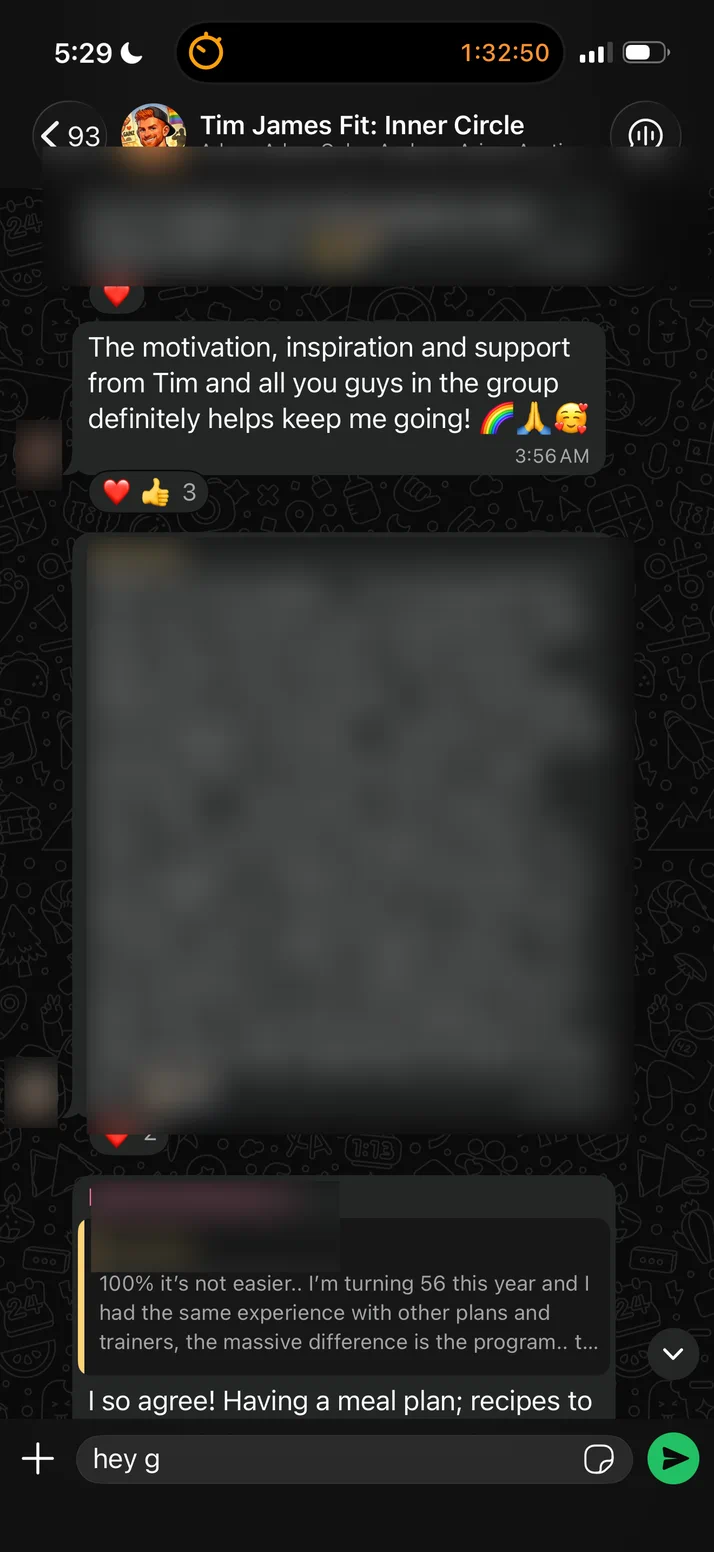 Screenshot of a client saying the motivation and support from Tim and the group keeps him going.