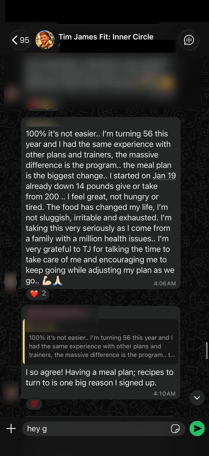 Screenshot of two clients in their fifties agreeing that the meal plan is the biggest change.
