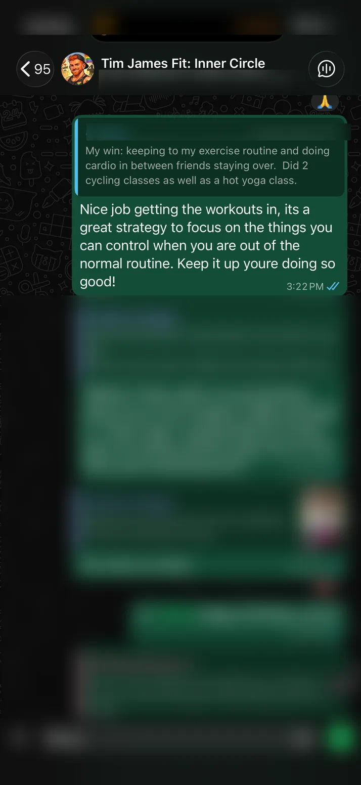 Screenshot of Tim replying to a client who kept his workouts in while friends were staying over.