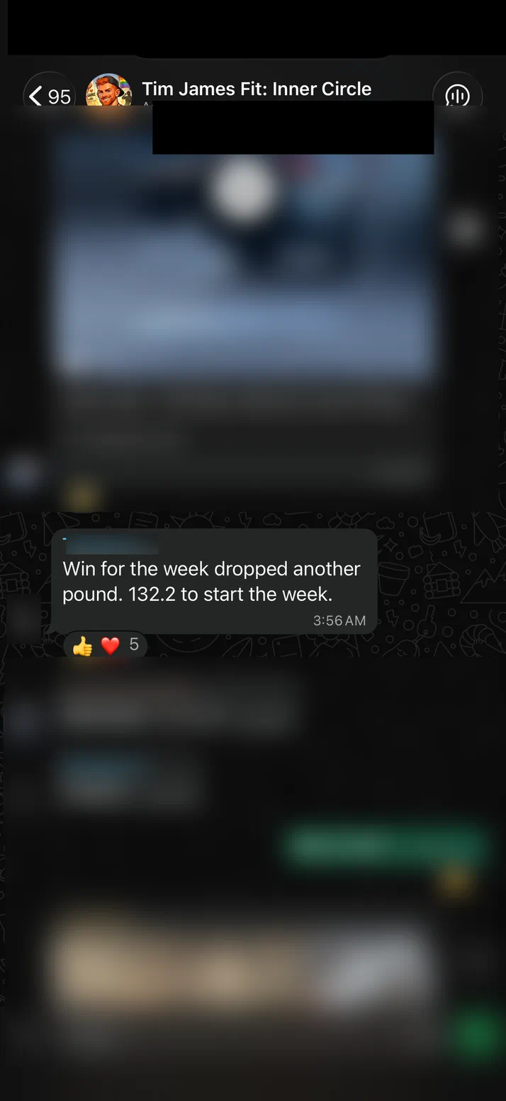 Screenshot of a client posting his win for the week, another pound down to 132.2.