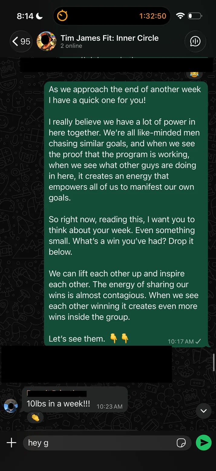 Screenshot of Tim asking the group to post a win from their week, and a client replying 10lbs in a week.
