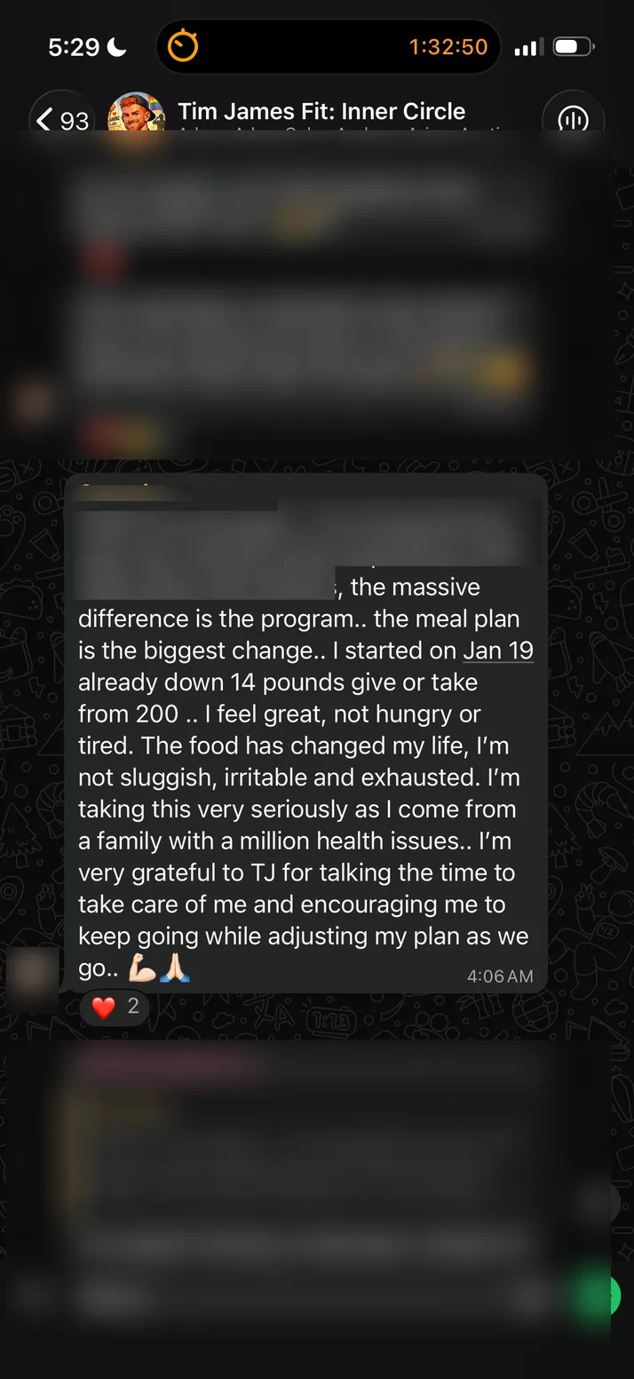 Screenshot of a client turning 56 who is down 14 pounds from 200 and says the food has changed his life.