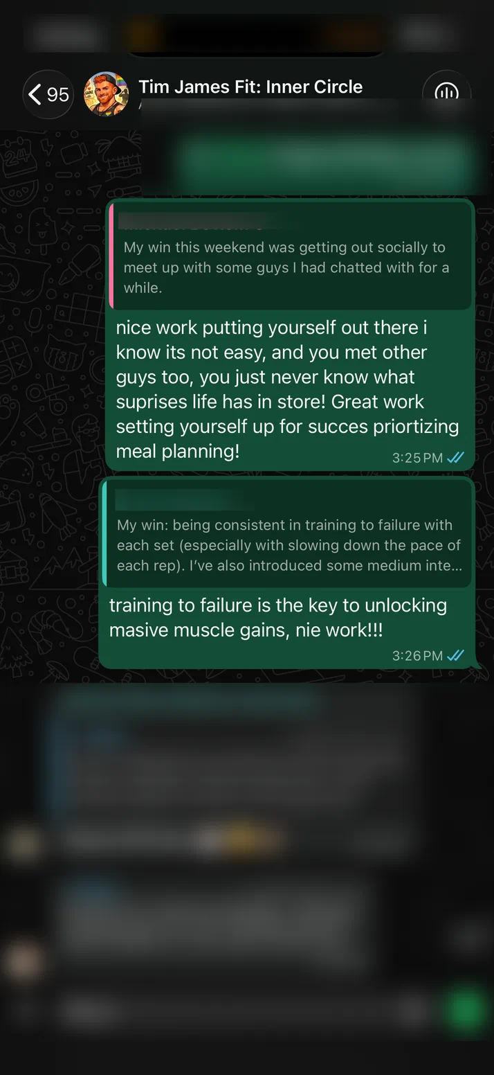 Screenshot of Tim replying to two clients about getting out socially and about training to failure.