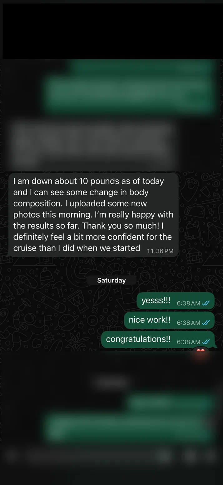 Screenshot of a client down about 10 pounds and feeling more confident about an upcoming cruise.