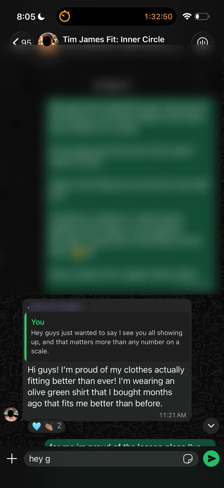Screenshot of a client whose clothes fit better than ever, including a shirt he bought months ago.