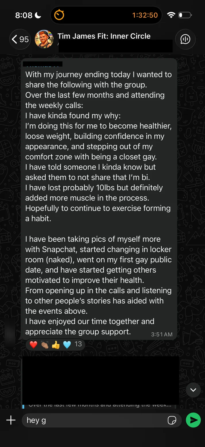 Screenshot of a client on what the last few months in the group have meant to him.