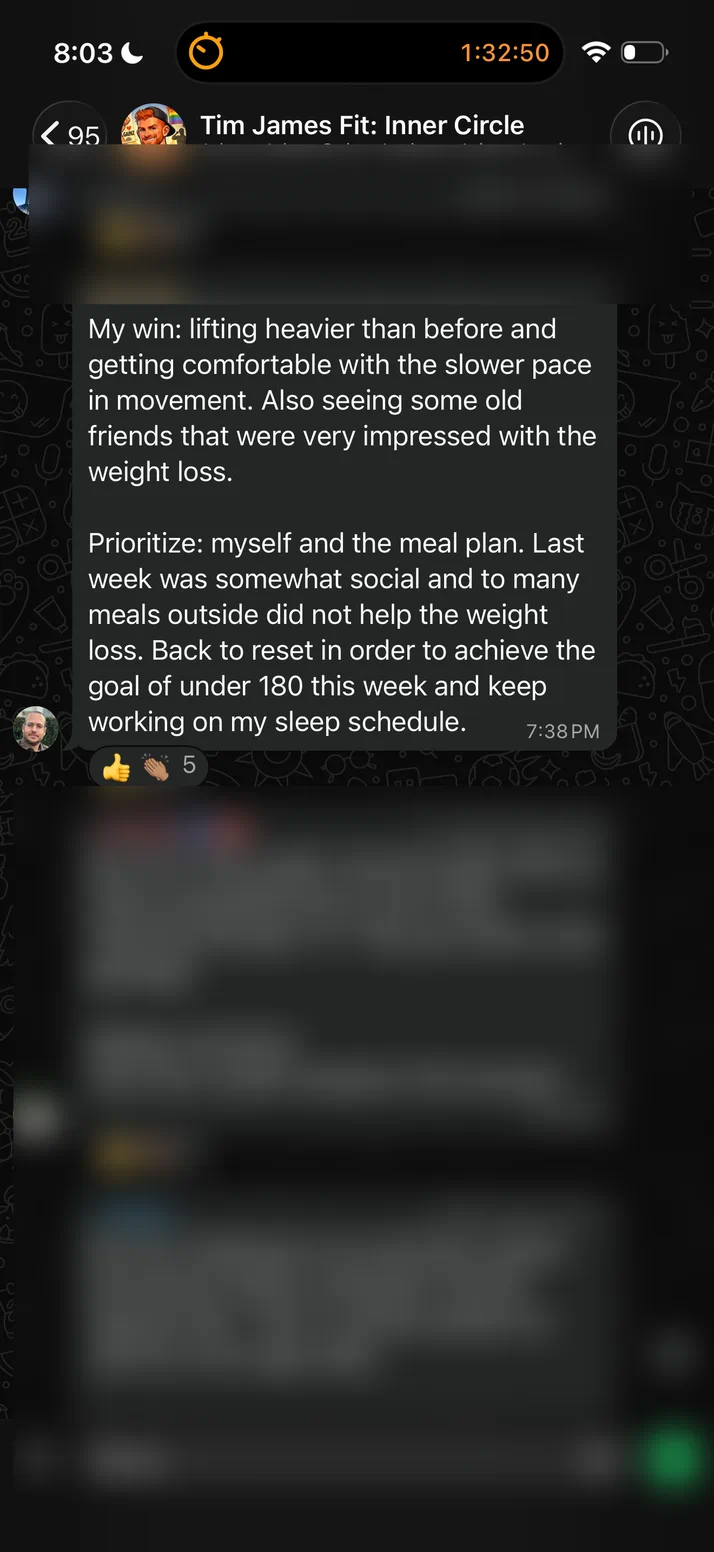 Screenshot of a client lifting heavier than before, with old friends impressed by the weight loss.