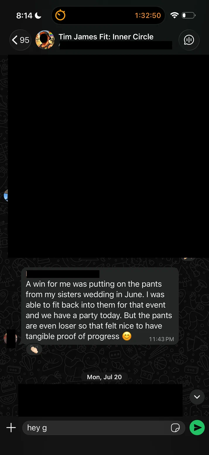 Screenshot of a client who fitted back into the trousers from his sister's wedding.