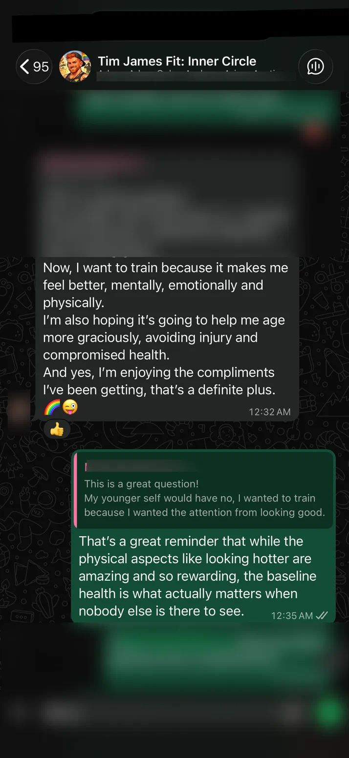 Screenshot of a client on training because of how it makes him feel, and Tim on why baseline health matters most.