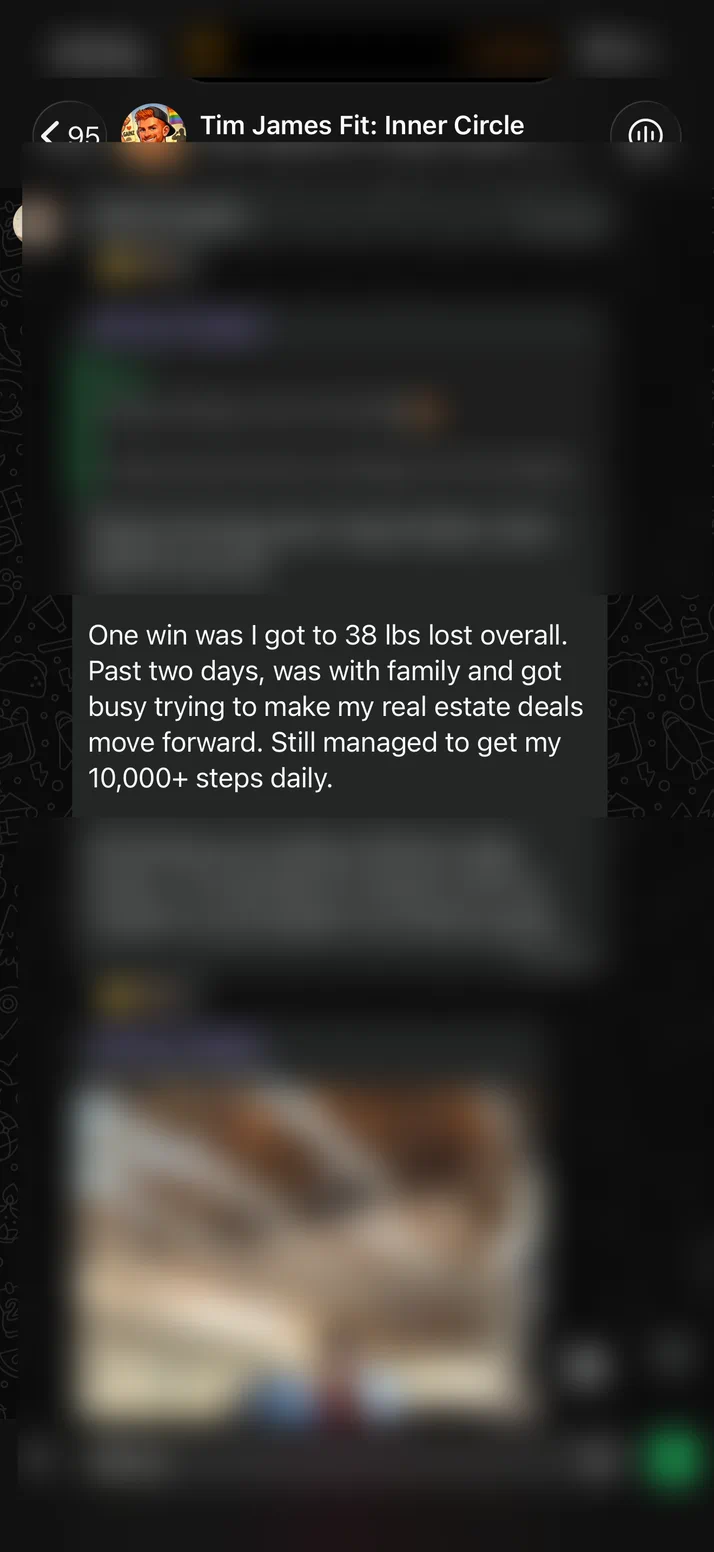 Screenshot of a client who has now lost 38lbs overall and still hits 10,000 steps a day.