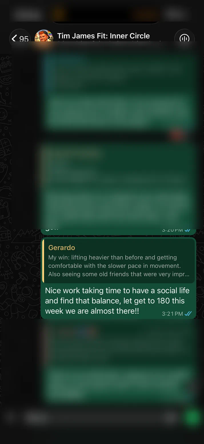 Screenshot of Tim replying to Gerardo about balancing a social life and getting to 180 this week.