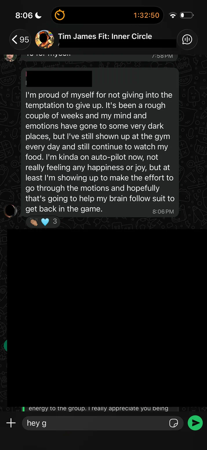 Screenshot of a client proud of showing up at the gym through a hard couple of weeks.