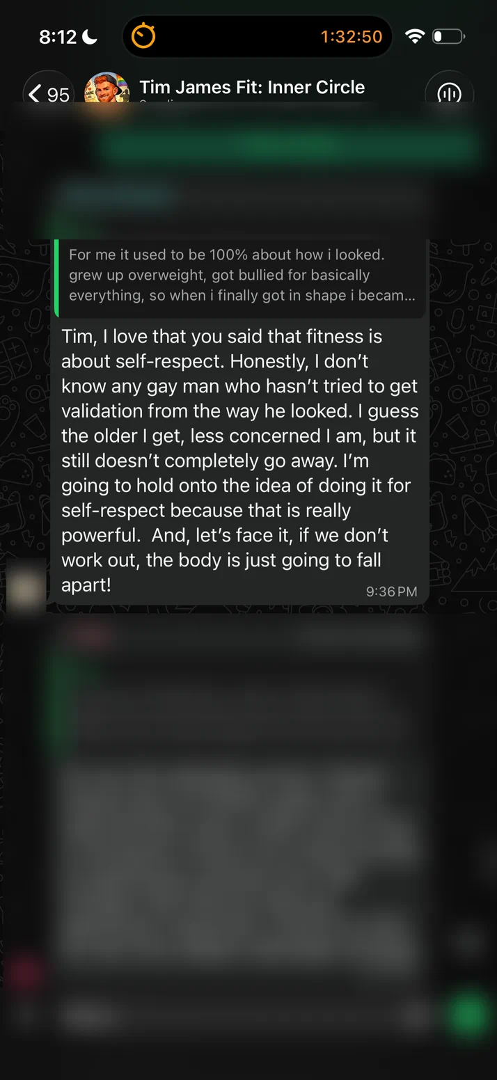 Screenshot of a client on fitness being self respect rather than validation.