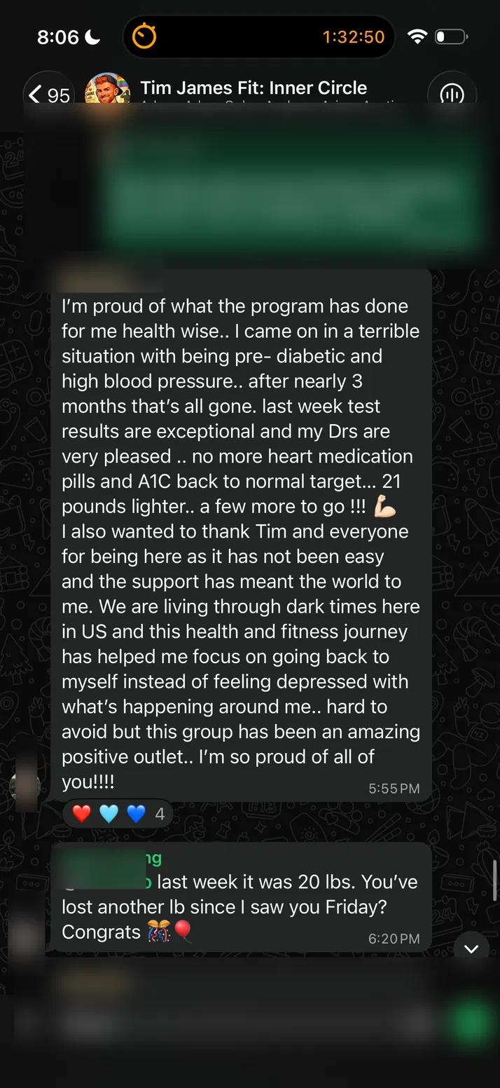 Screenshot of a client whose pre diabetes and blood pressure resolved, now 21 pounds lighter.