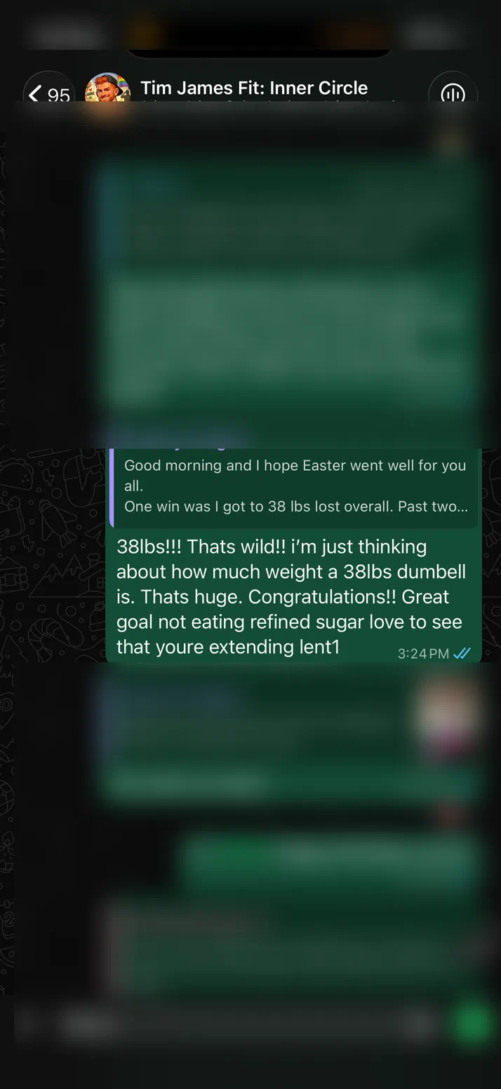 Screenshot of Tim reacting to a client reaching 38lbs lost.