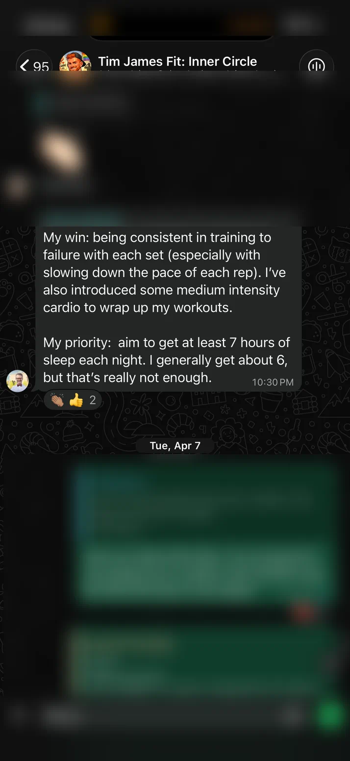 Screenshot of a client on training to failure and aiming for seven hours of sleep a night.