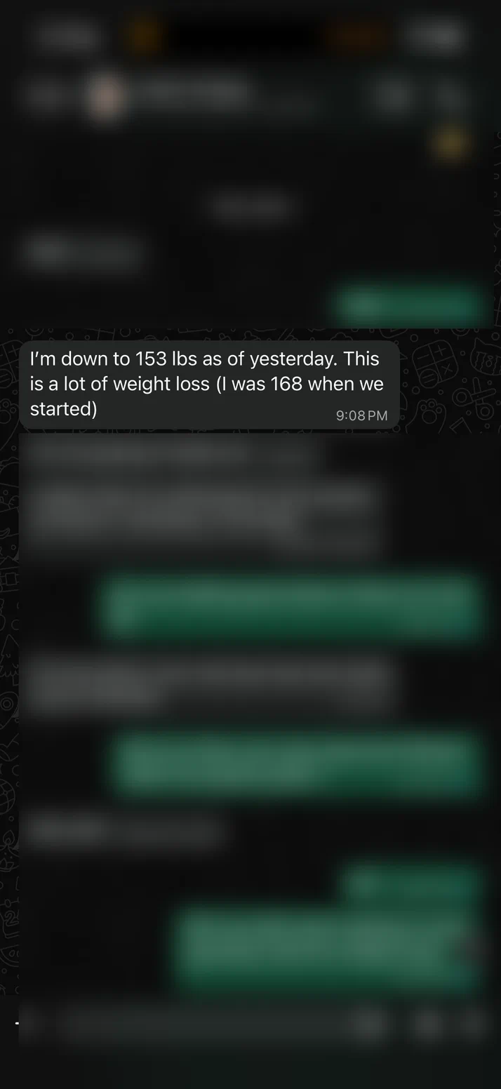 Screenshot of a client down to 153lbs from the 168lbs he started at.