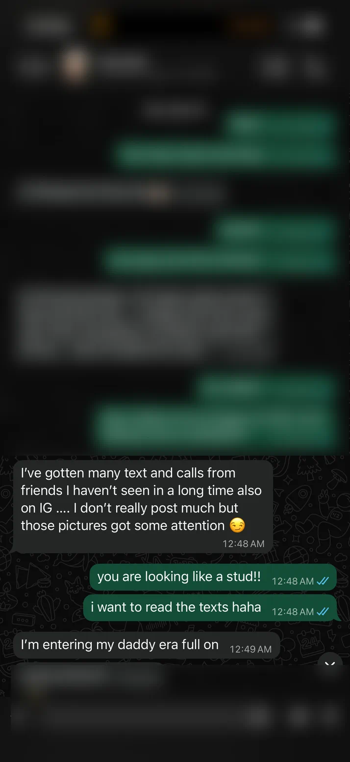 Screenshot of a client getting texts and calls from friends he has not seen in a long time after his photos went up.