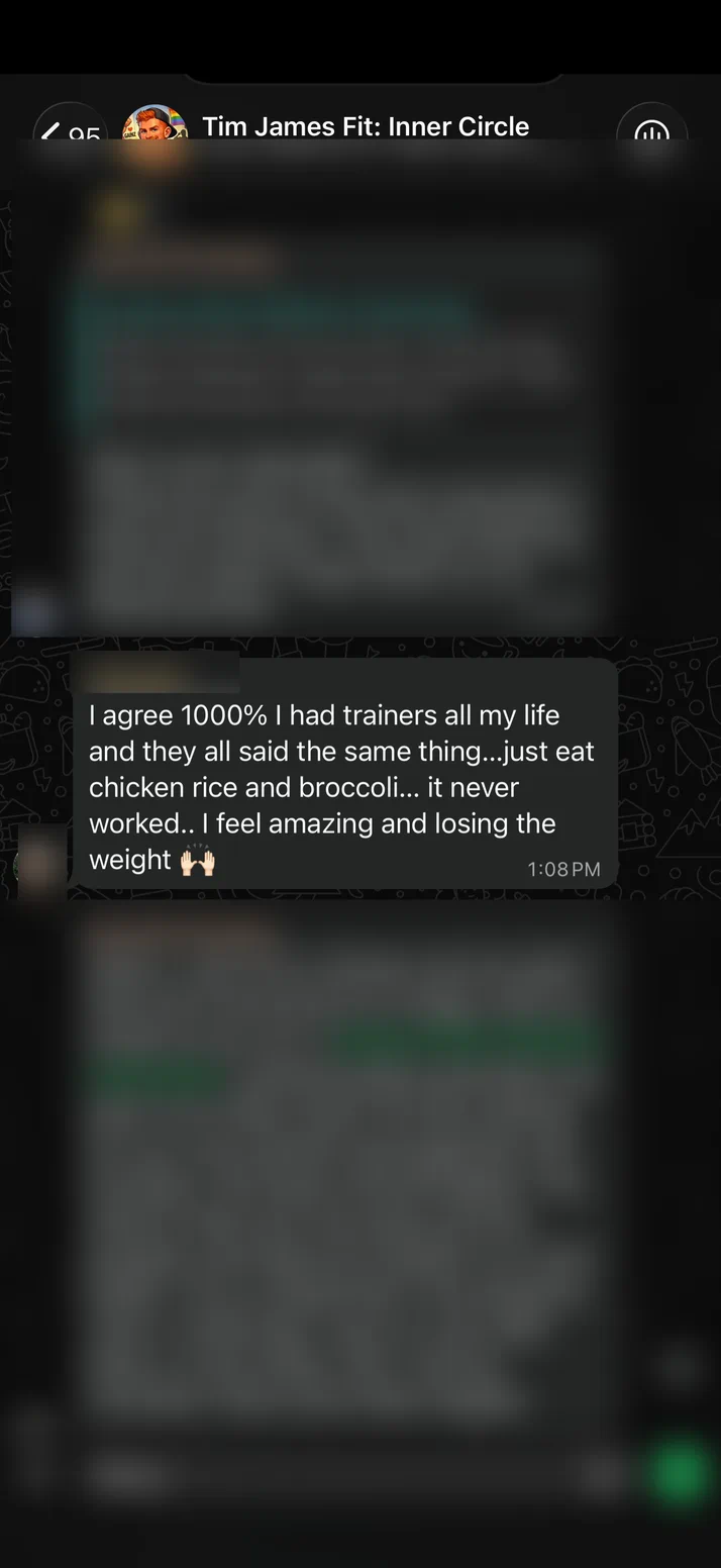 Screenshot of a client who is losing the weight and feels amazing after years of chicken and rice plans.