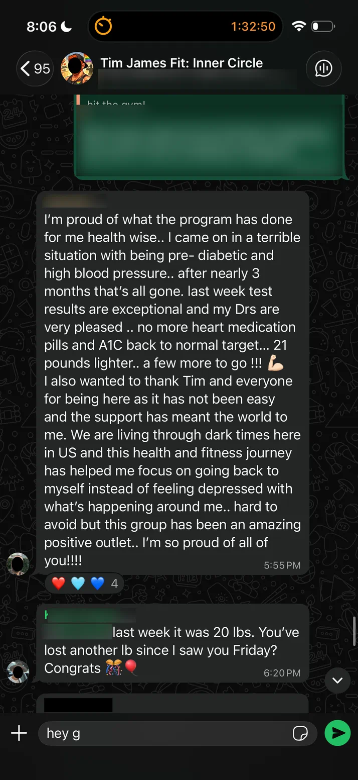 Screenshot of the same client on his test results, his medication and being 21 pounds lighter.