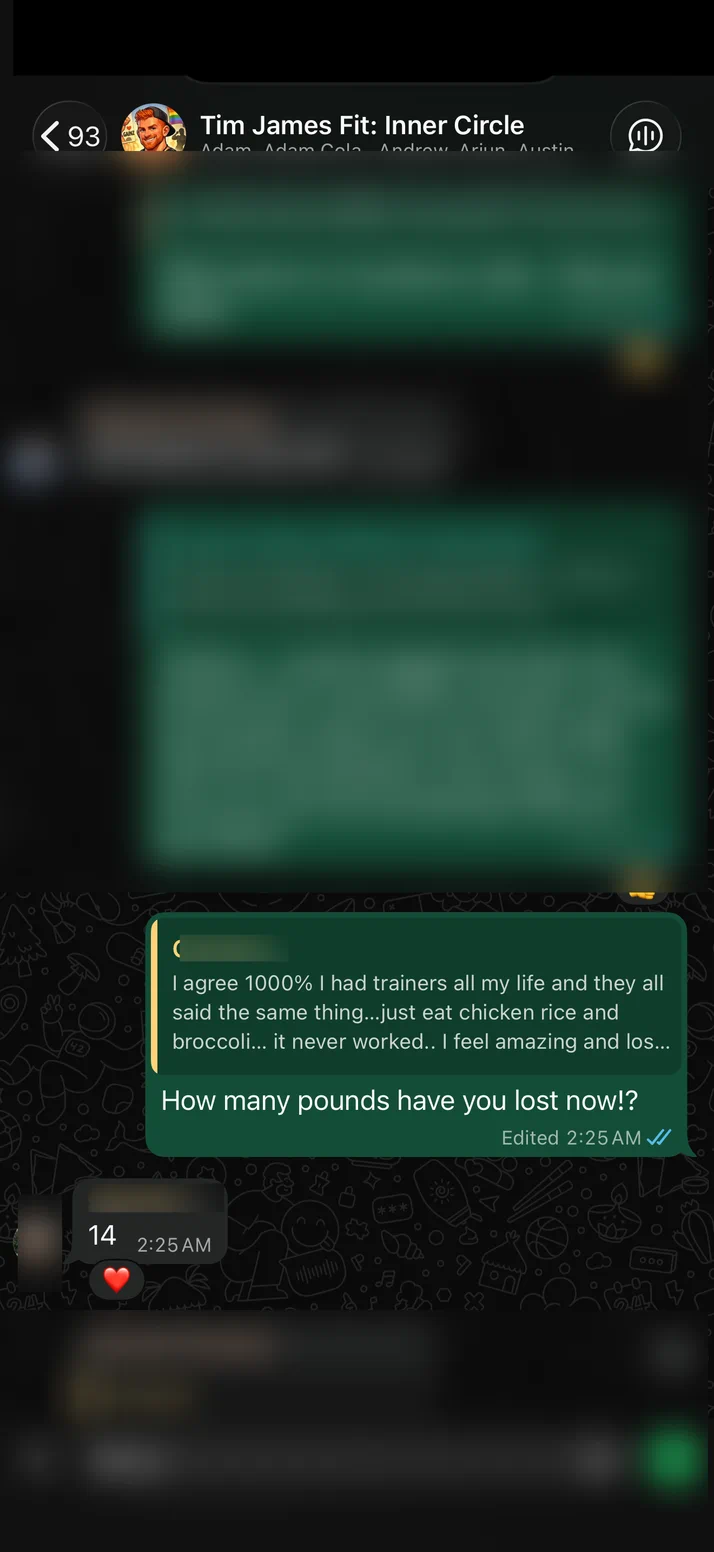 Screenshot of a client who had trainers all his life on chicken, rice and broccoli, now 14 pounds down.