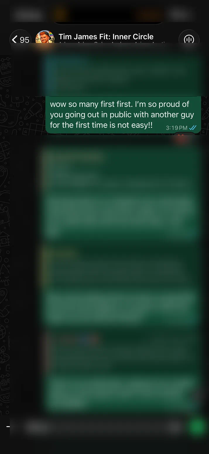 Screenshot of Tim telling a client he is proud of him for a big personal first.
