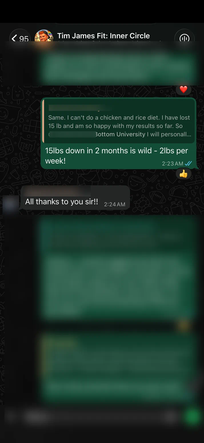Screenshot of Tim reacting to 15lbs down in two months, and the client crediting him for it.
