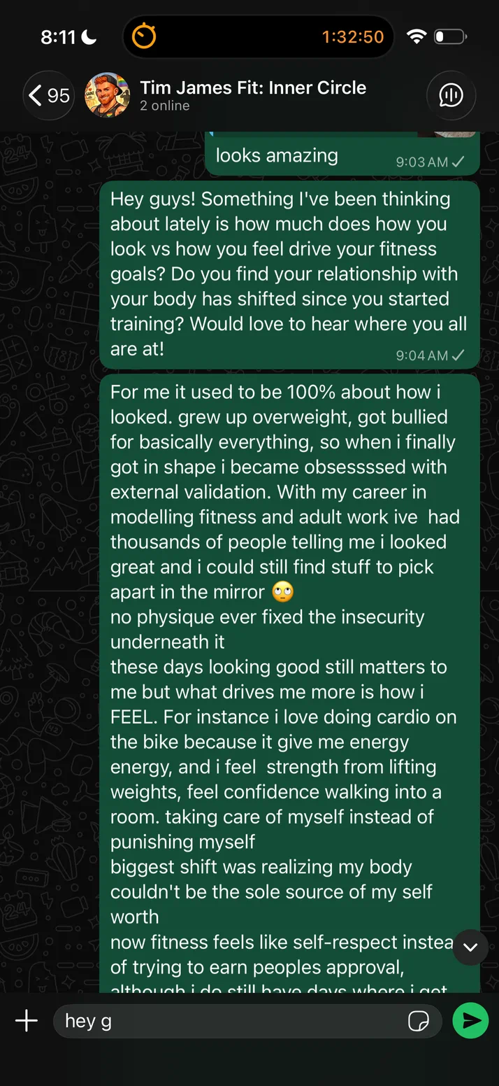 Screenshot of Tim asking the group how looking versus feeling drives their goals, and answering it himself.