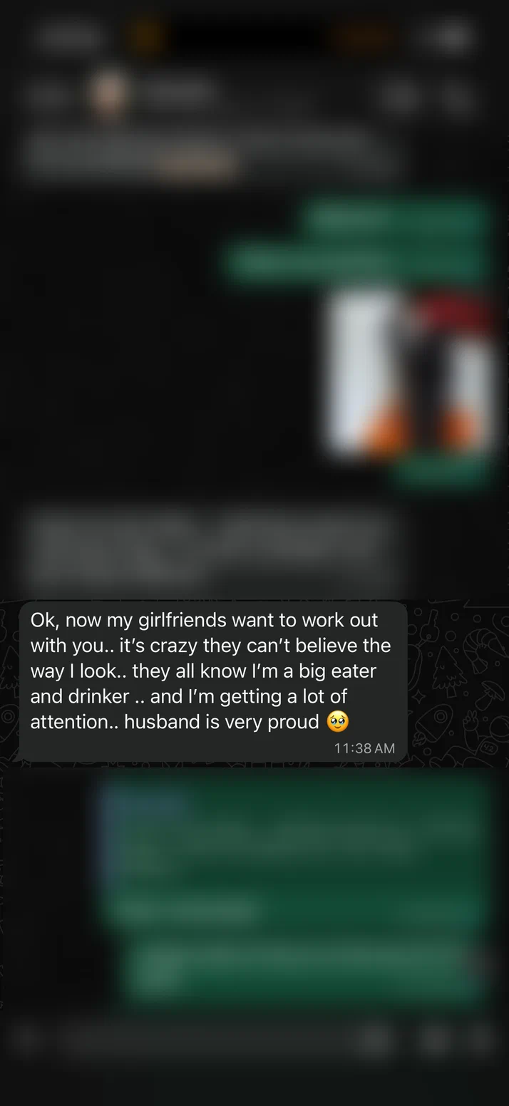 Screenshot of a client whose friends cannot believe the way she looks and now want to train too.