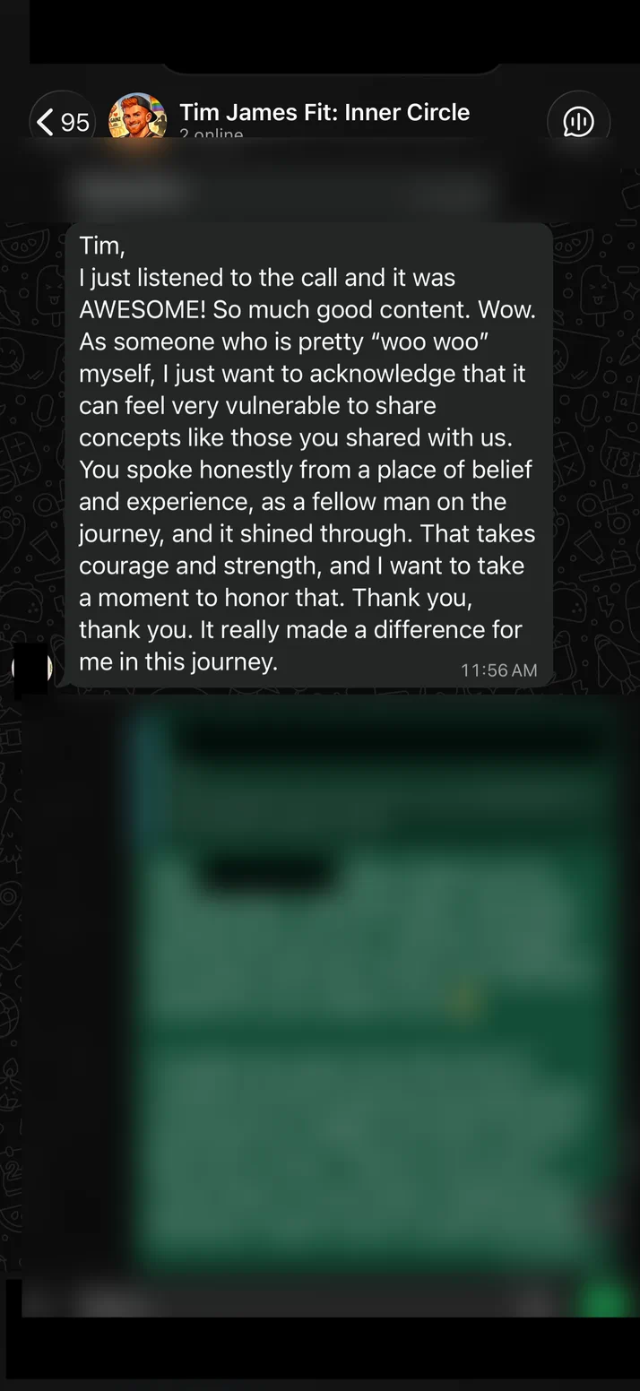 Screenshot of a client thanking Tim for speaking honestly on the weekly call.