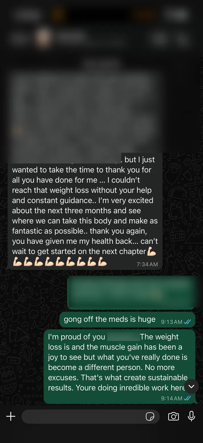 Screenshot of a client thanking Tim for the weight loss, for coming off his medication and for giving him his health back.