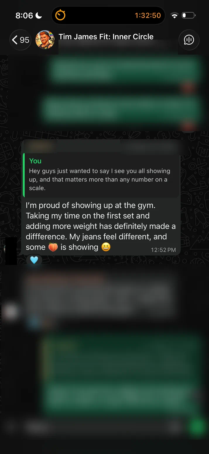 Screenshot of a client whose jeans feel different after adding weight on his first set.