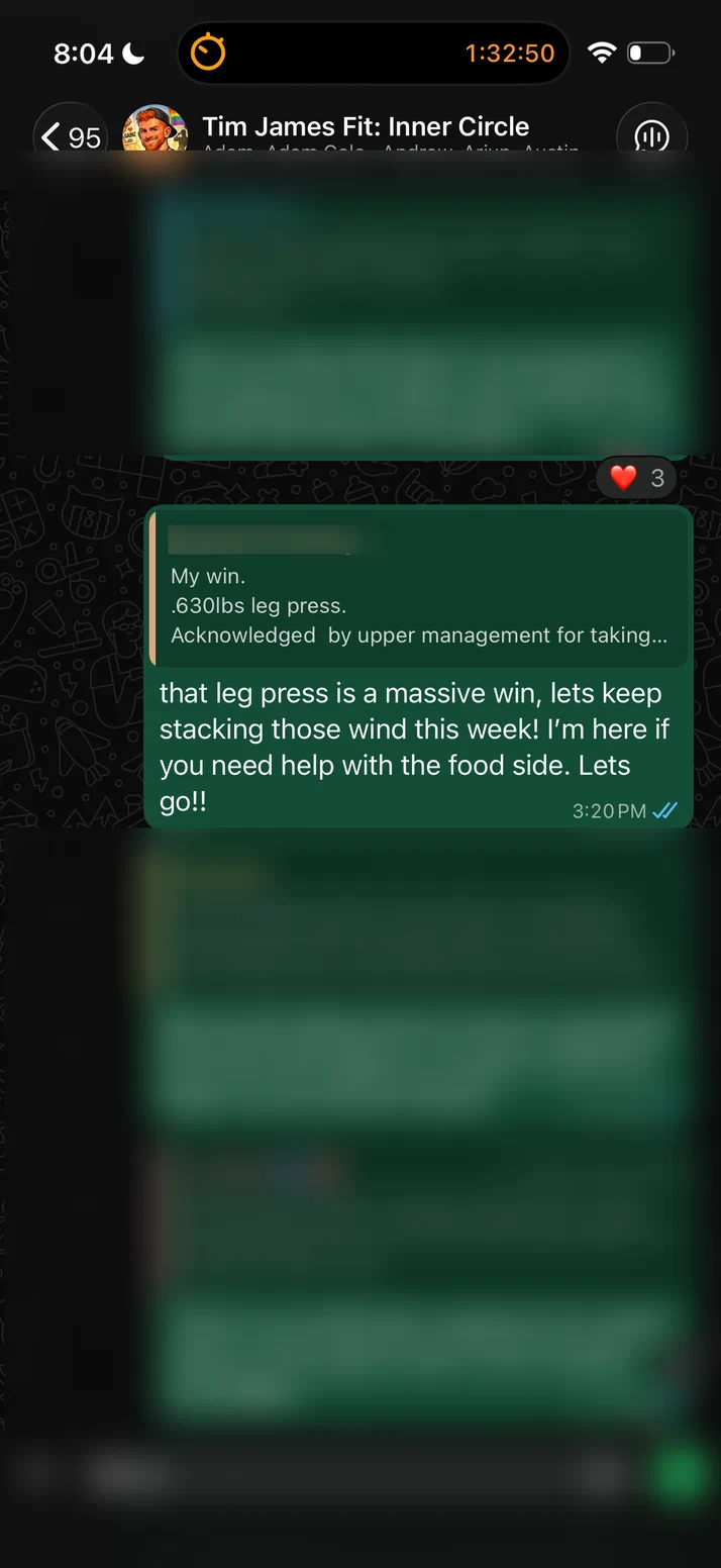 Screenshot of Tim replying to a client: that leg press is a massive win, let us keep stacking them.