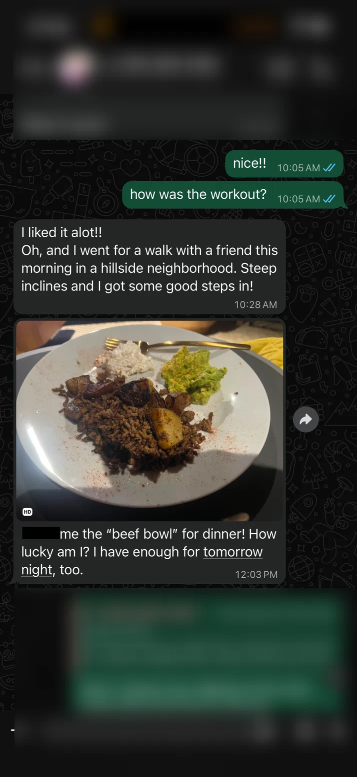 Screenshot of a client sharing his morning walk and a photo of the beef bowl he made for dinner.
