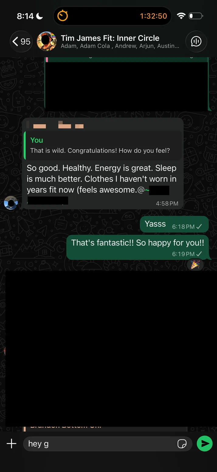 Screenshot of a client on his energy, his sleep, and clothes he has not worn in years fitting again.