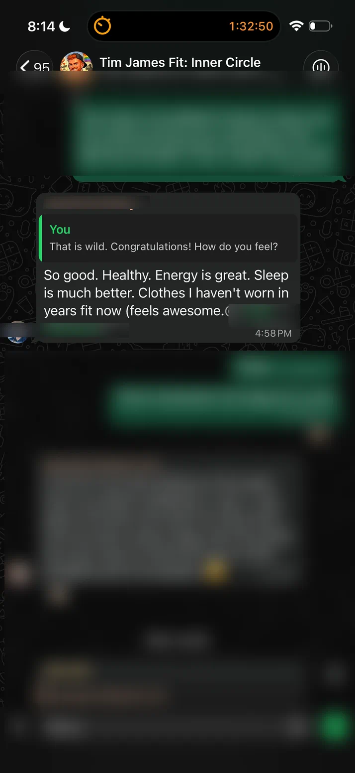 Screenshot of the same client on his energy, his sleep and the clothes that fit again.