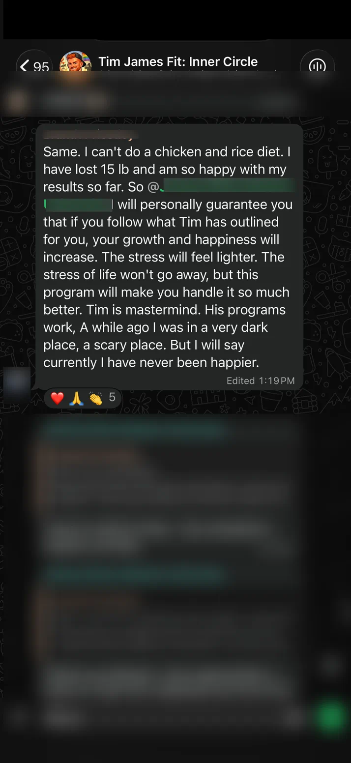 Screenshot of a client down 15lb who says Tim is a mastermind, his programs work, and he has never been happier.