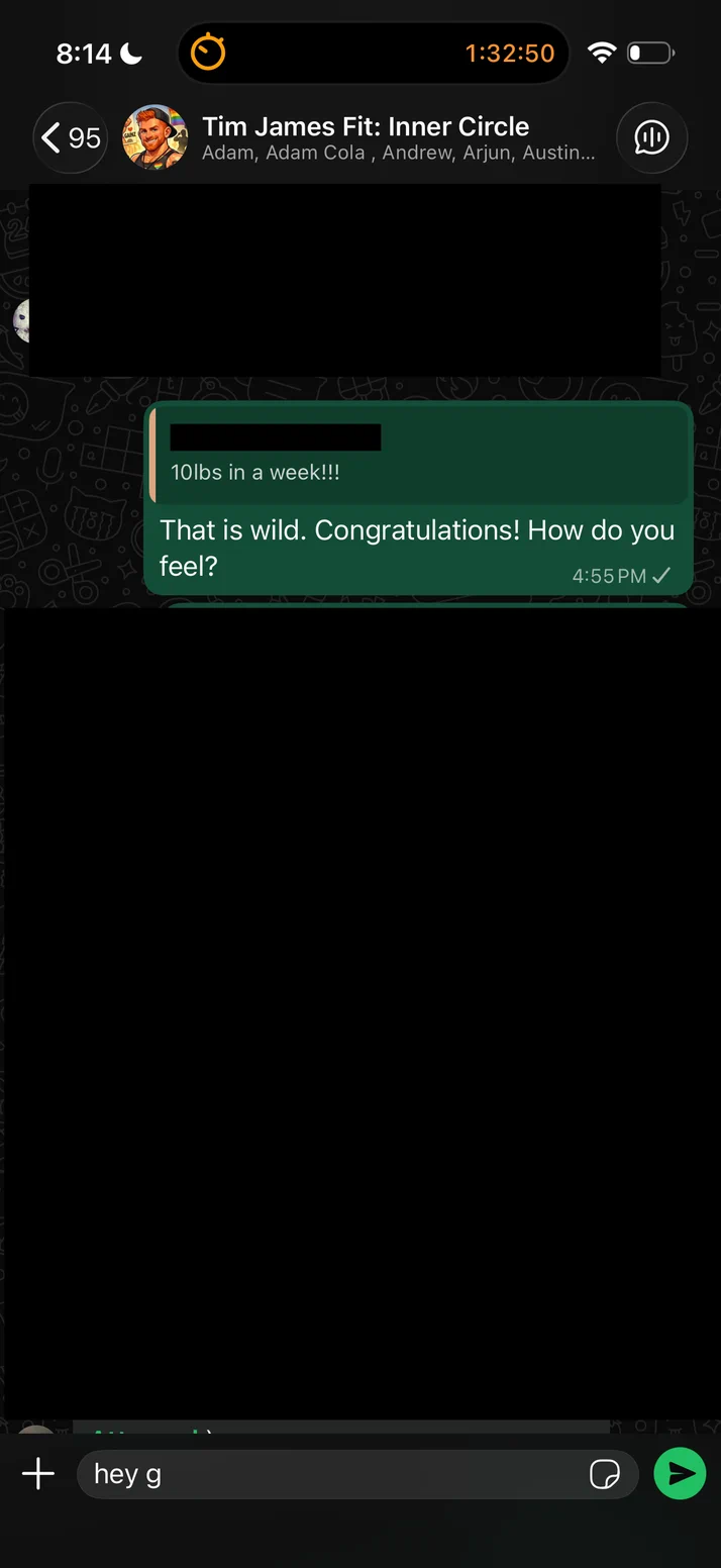 Screenshot of Tim replying to a client who lost 10lbs in a week.