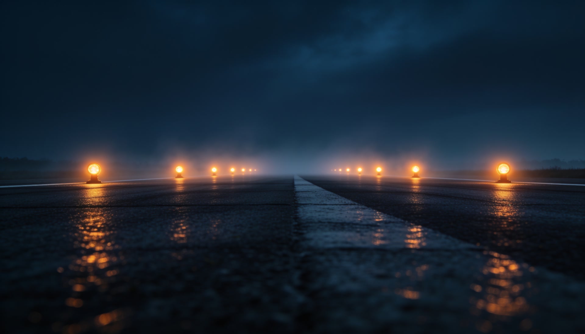 Una pista de noche con doce luces que se pierden en la niebla