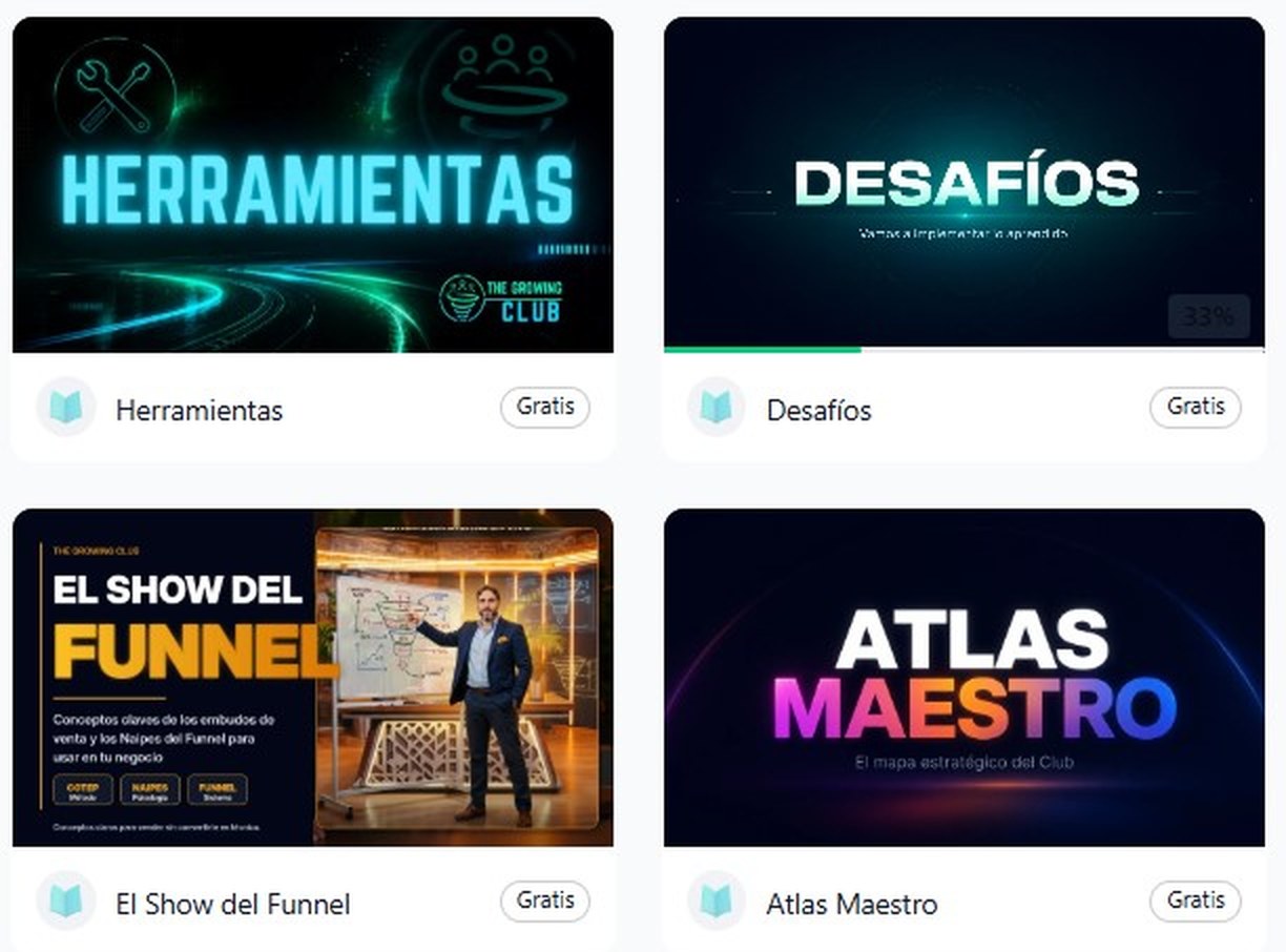 Cursos del Club: Herramientas, Desafíos con progreso, El Show del Funnel y Atlas Maestro