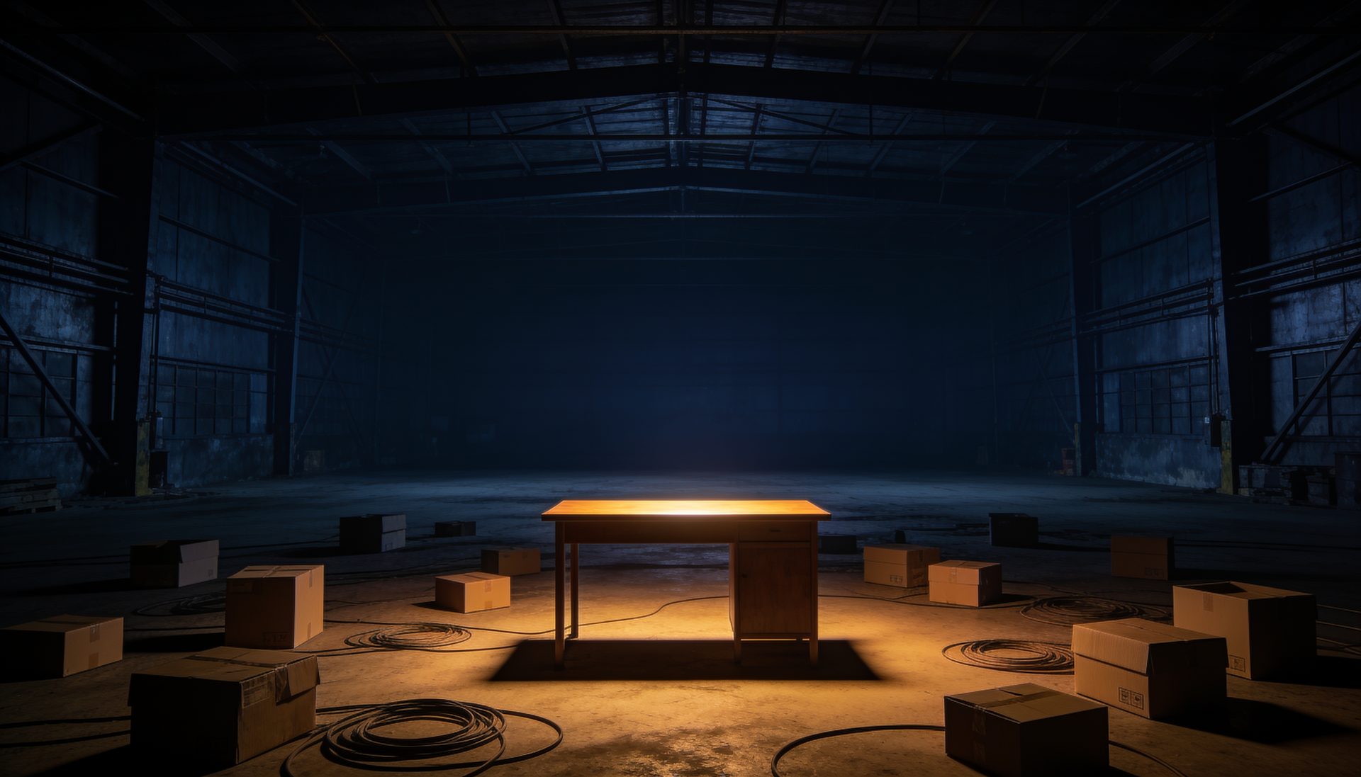 Un escritorio iluminado solo, en el centro de un galpón enorme y oscuro lleno de cajas cerradas y cables enrollados