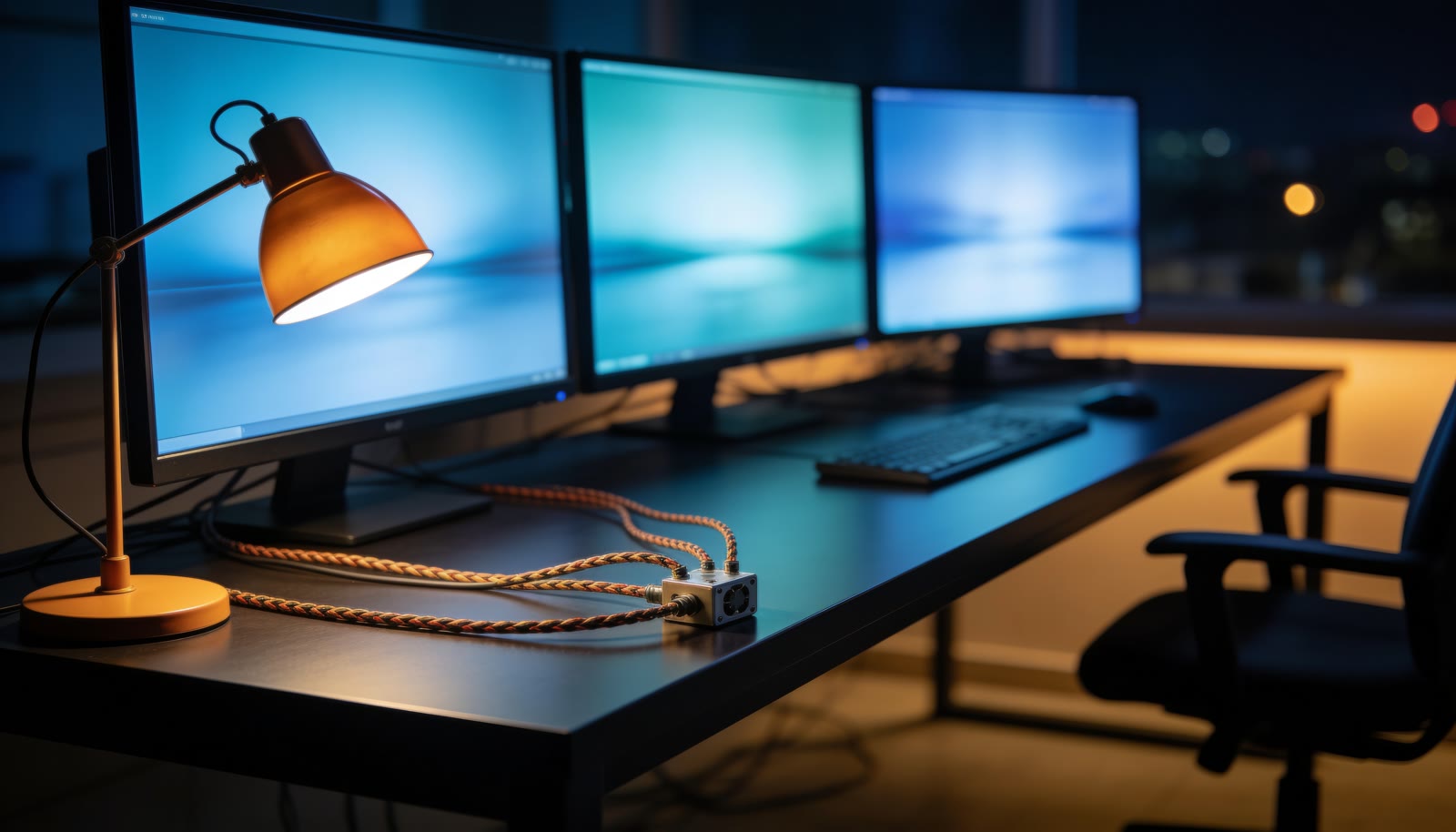 Un escritorio con tres monitores encendidos y la silla vacía, de noche